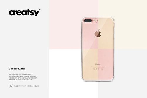 Clear case mockup featuring an iPhone 7 Plus in gold, back view, set against a white and pastel geometric backdrop.