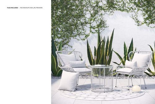 Front view of outdoor furniture mockup featuring two chairs with cushions, circular table, and leafy garden backdrop.