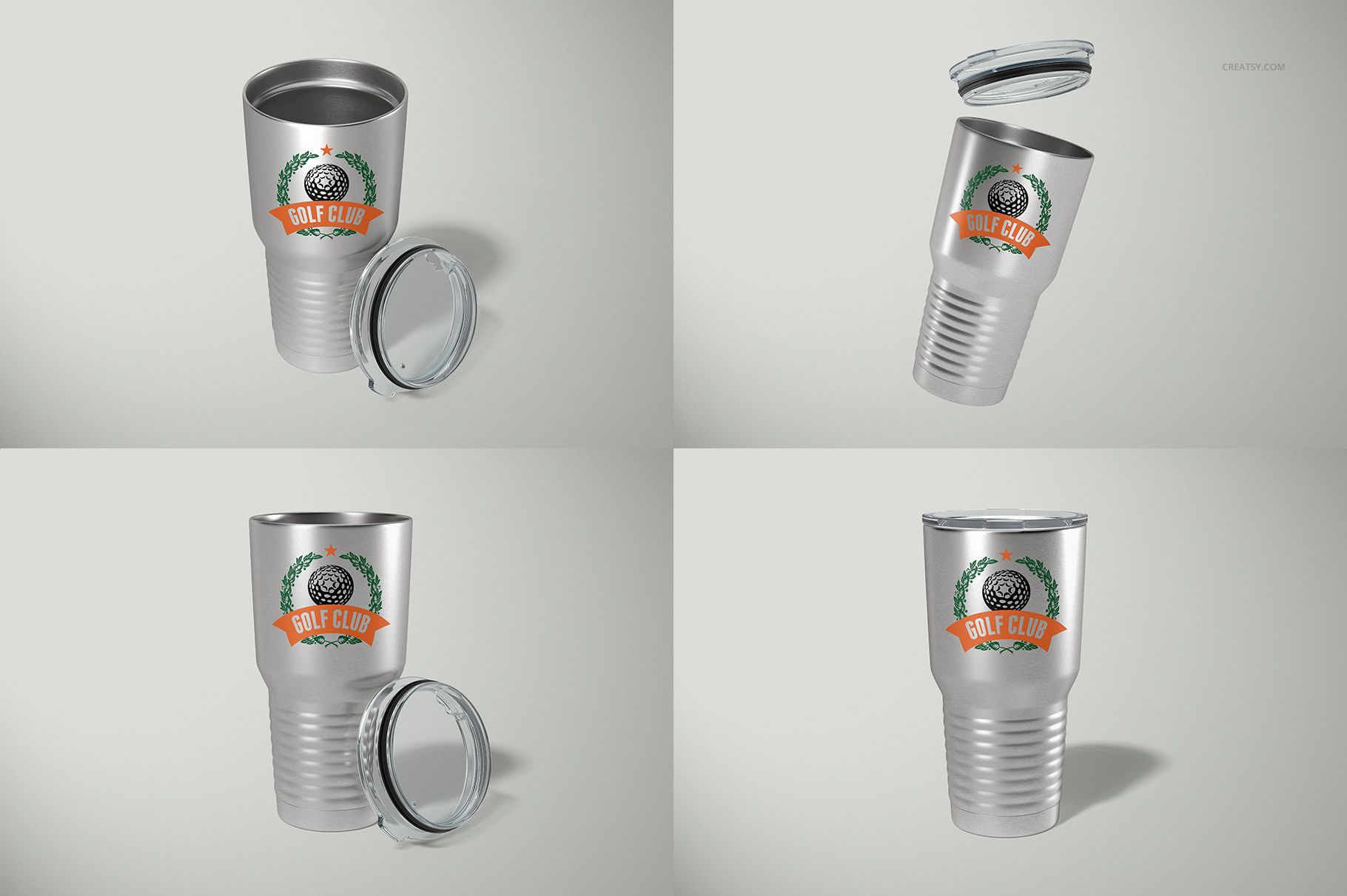 Four views of a 30oz ringneck tumbler mockup with a silver metallic finish, clear lid, and custom logo design.