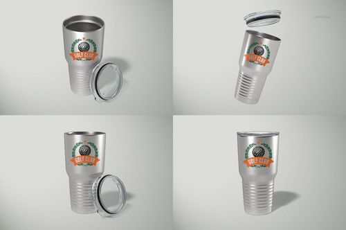 Four views of a 30oz ringneck tumbler mockup with a silver metallic finish, clear lid, and custom logo design.