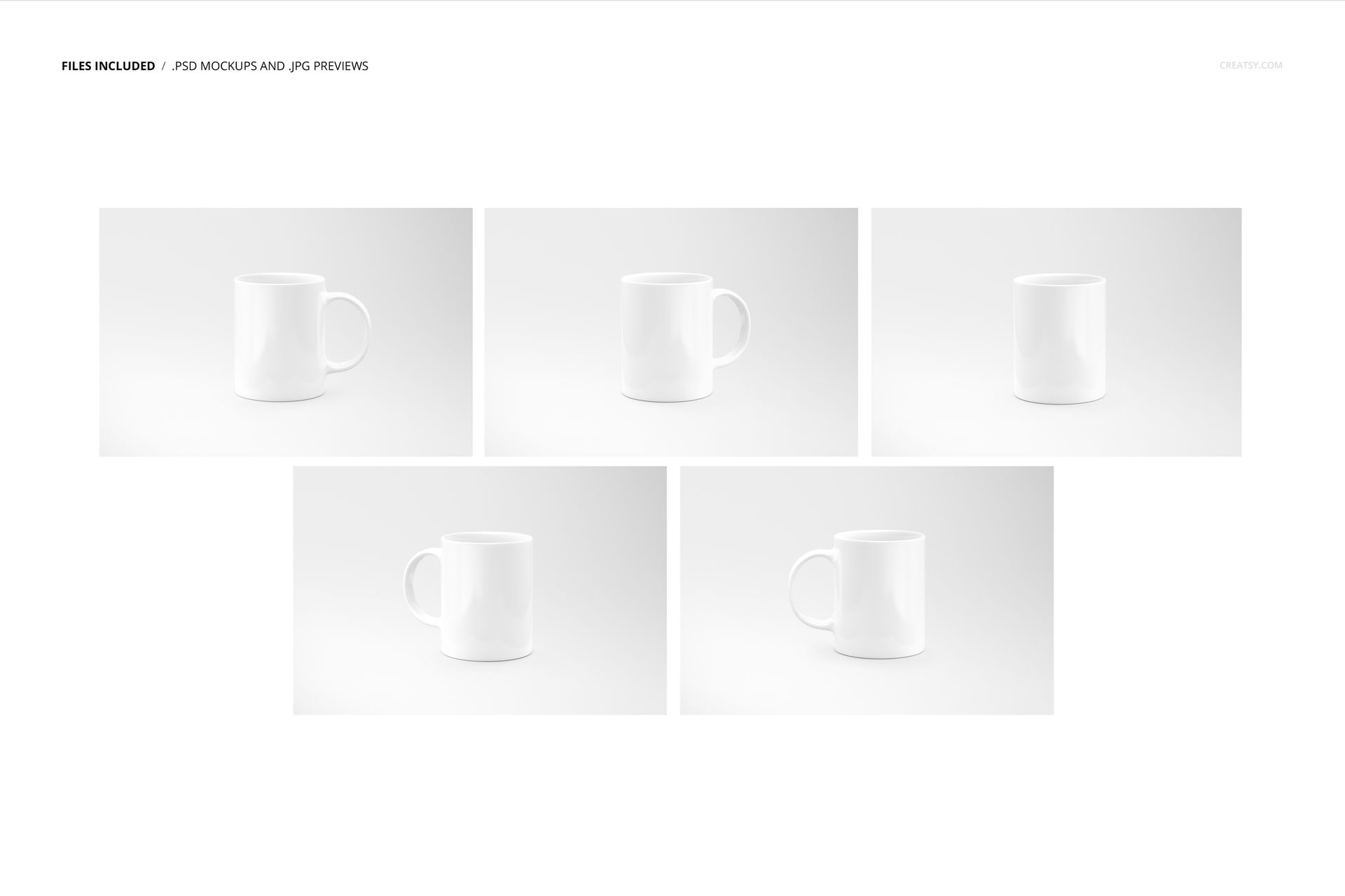 Five white ceramic mugs displayed on a plain background, shown from various angles in a sublimation mug mockup set.