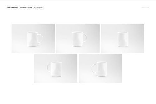 Five white ceramic mugs displayed on a plain background, shown from various angles in a sublimation mug mockup set.