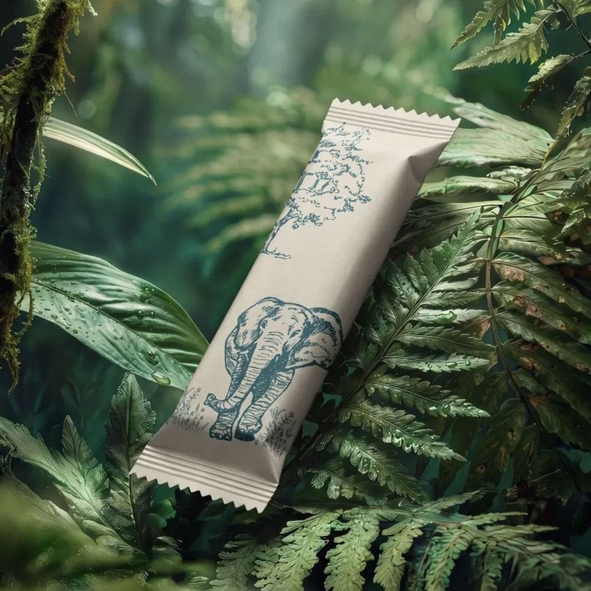 Candy bar mockup featuring a white wrapper with an elephant illustration, placed among lush green jungle leaves and foliage.