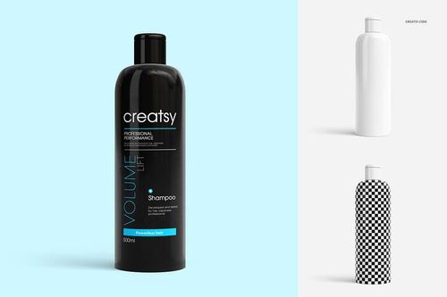 Front view of a cylindrical shampoo bottle mockup set with black, white, and patterned versions on a light blue background.