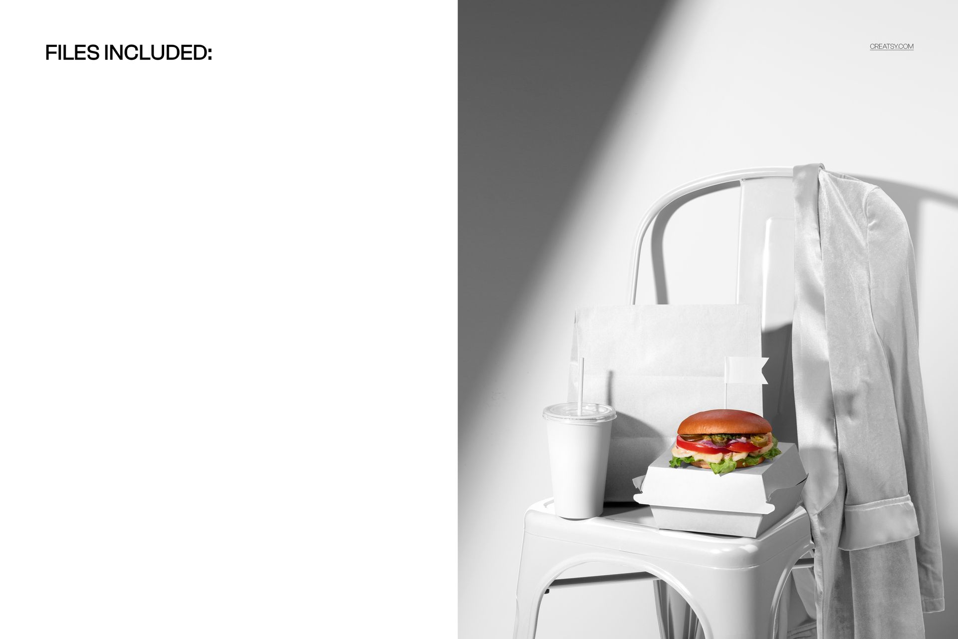 Fast food packaging mockup featuring a burger box, paper bag, and drink cup on a white metal chair in bright lighting.