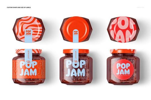 PSD mockup set displaying tamarillo jam jars in various perspectives, highlighting vibrant label graphics and clear glass containers.