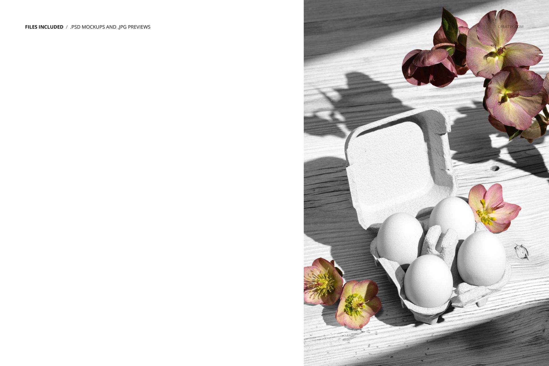 PSD mockup featuring an open carton of eggs and scattered hellebore flowers on a pale wooden background, overhead view.