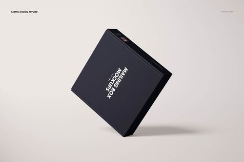 Rectangular mailing box mockup in dark color, floating at an angle on a light neutral background.