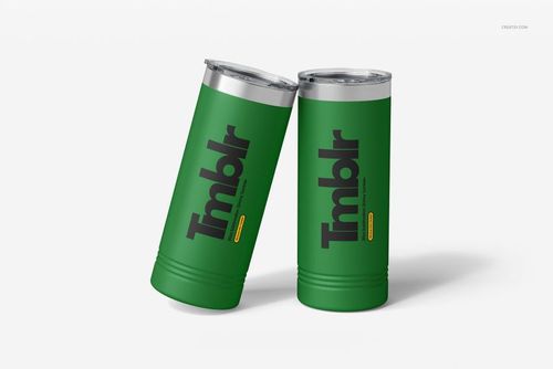 PSD mockup showing a pair of green powder coated tumblers with silver tops, angled together on a clean white surface.