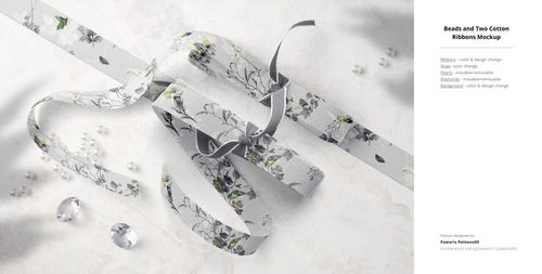 Mockup of two cotton fabric ribbons featuring subtle flower patterns, shown with crystal-like beads on a neutral backdrop.