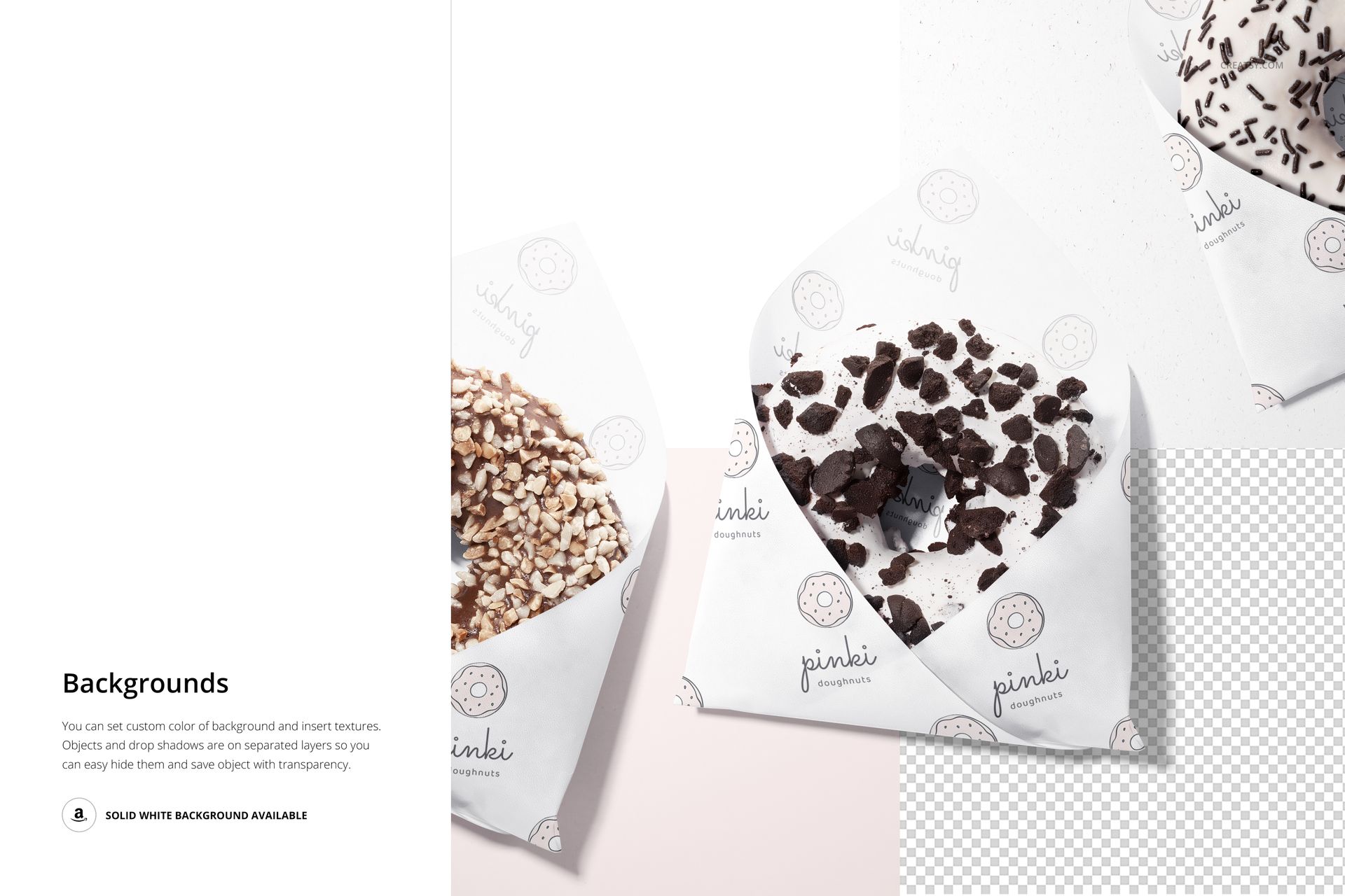 Pastry shop PSD mockup featuring pastries wrapped in custom printed white paper, viewed from above on a clean background.