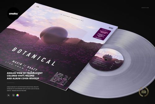 Angled view of a translucent colored vinyl record partially slid out from a botanical-themed album cover mockup.