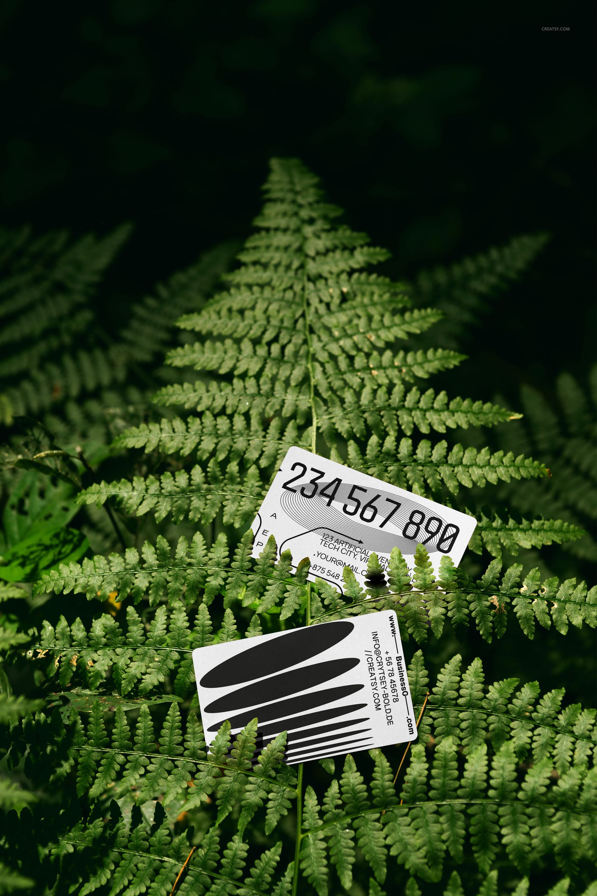 PSD mockup of stationery business cards with monochrome patterns displayed on vibrant green fern leaves.