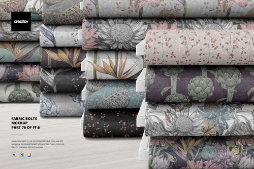 Fabric bolts mockup with various floral prints in gray, green, and pink hues, presented on a clean white background.