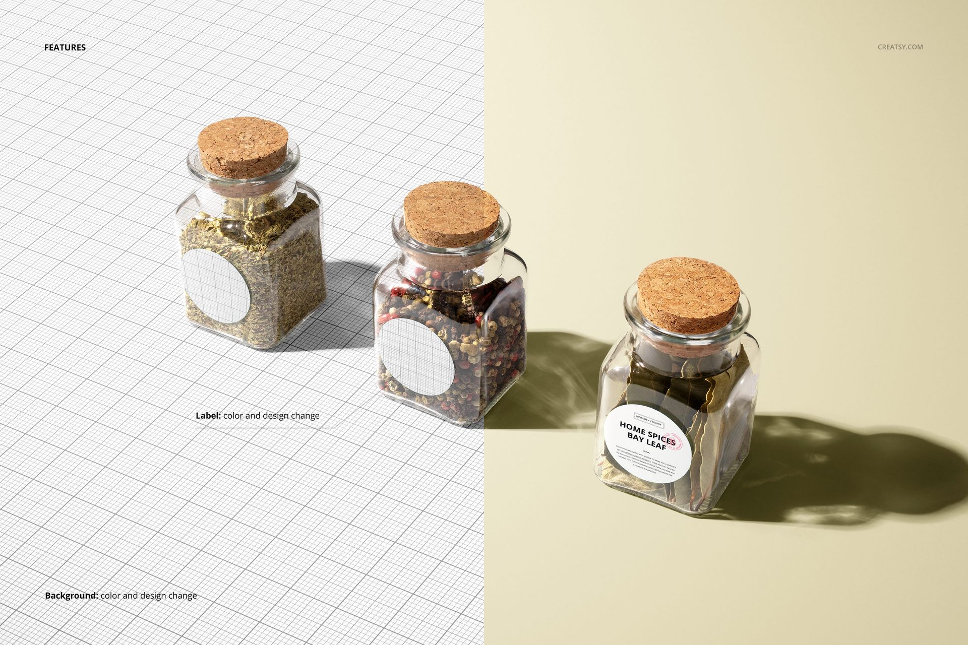 PSD mockup displaying three glass spice jars with cork stoppers, placed on grid and beige backgrounds with visible shadows.