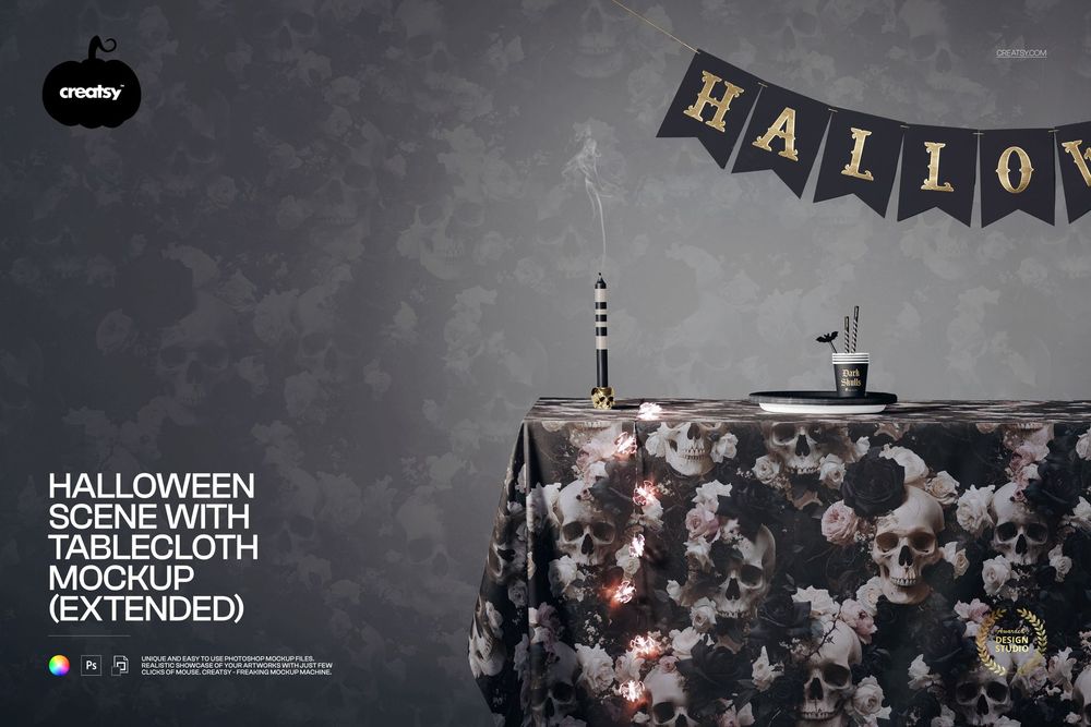 Front view of a Halloween tablecloth mockup with skull and floral pattern, set on a decorated table with props.