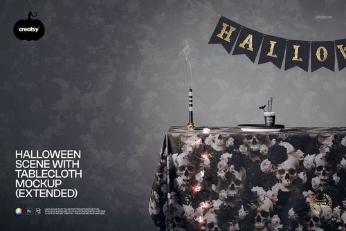 Front view of a Halloween tablecloth mockup with skull and floral pattern, set on a decorated table with props.