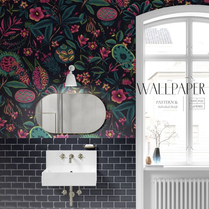Vintage bathroom mockup featuring a white sink and mirror against dark floral wallpaper and black subway tile, with a window on the right.