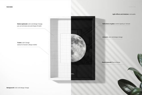 Wooden picture frame mockup shown in split view, with matte and glass options, featuring a moon artwork and editable background.