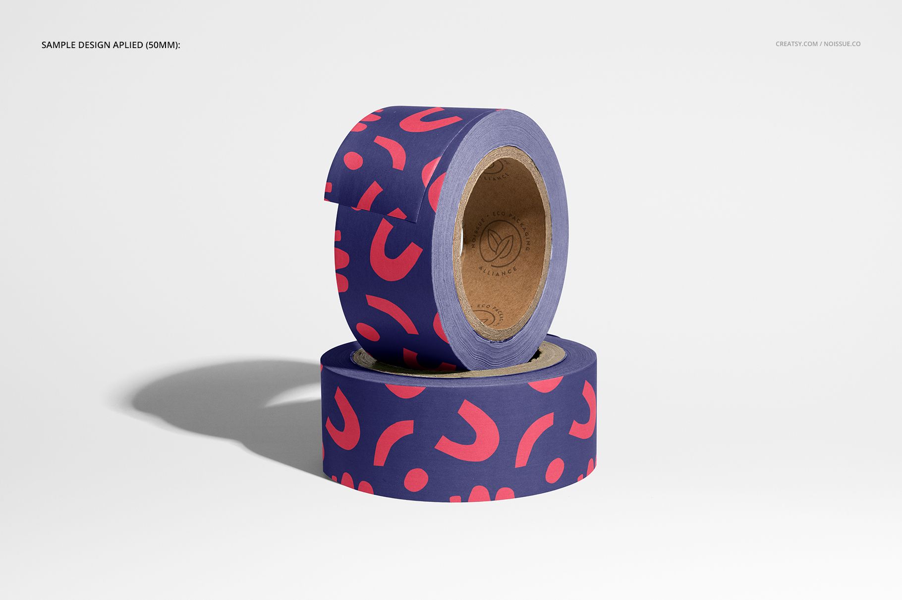 Stacked packing tape rolls featuring a purple color and red curved patterns, displayed in a front view mockup.