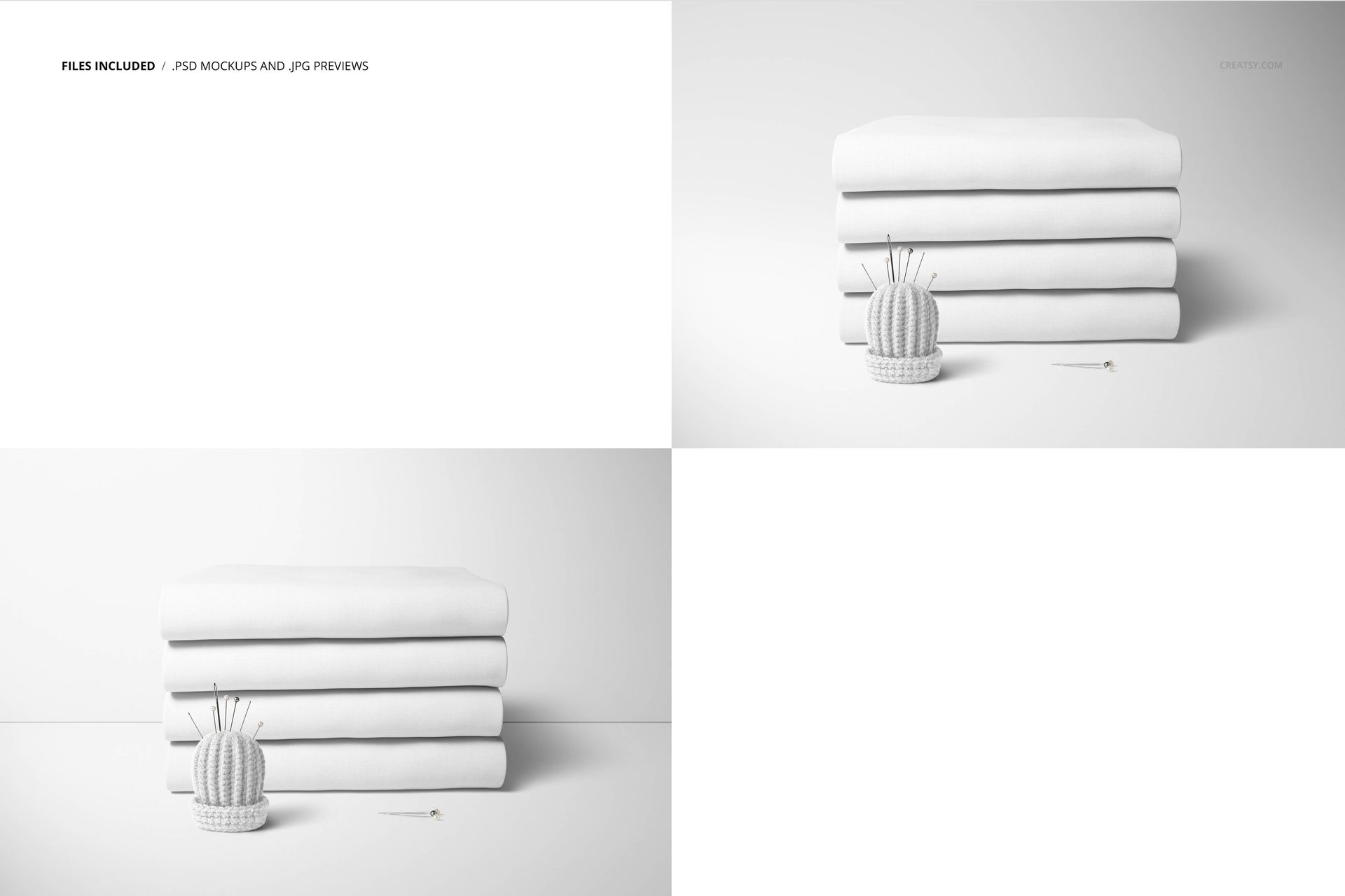 PSD mockup featuring a pile of plain white folded fabrics with a decorative knitted cactus placed on the left side.