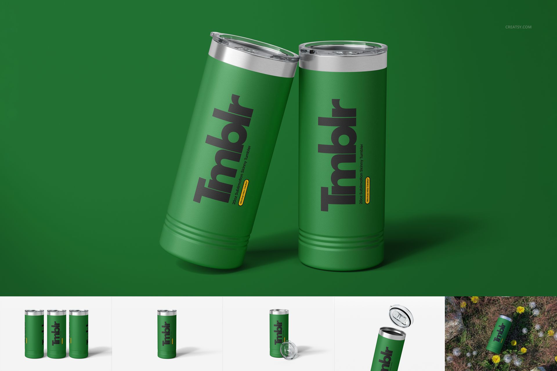 PSD mockup of two tall green drinkware tumblers with clear lids, shown side by side on a green backdrop.