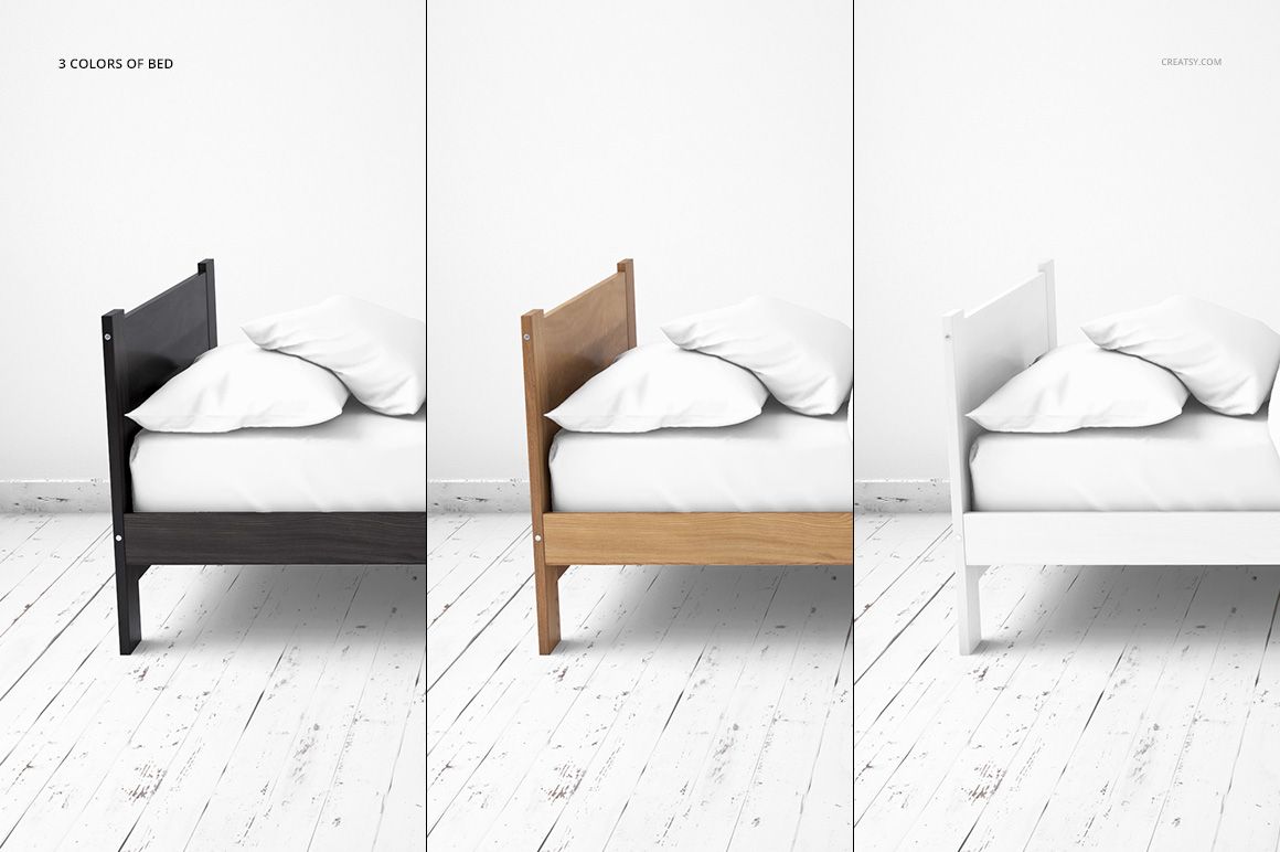 PSD mockup of a children's bedroom featuring three beds in black, natural wood, and white, with matching bedding.