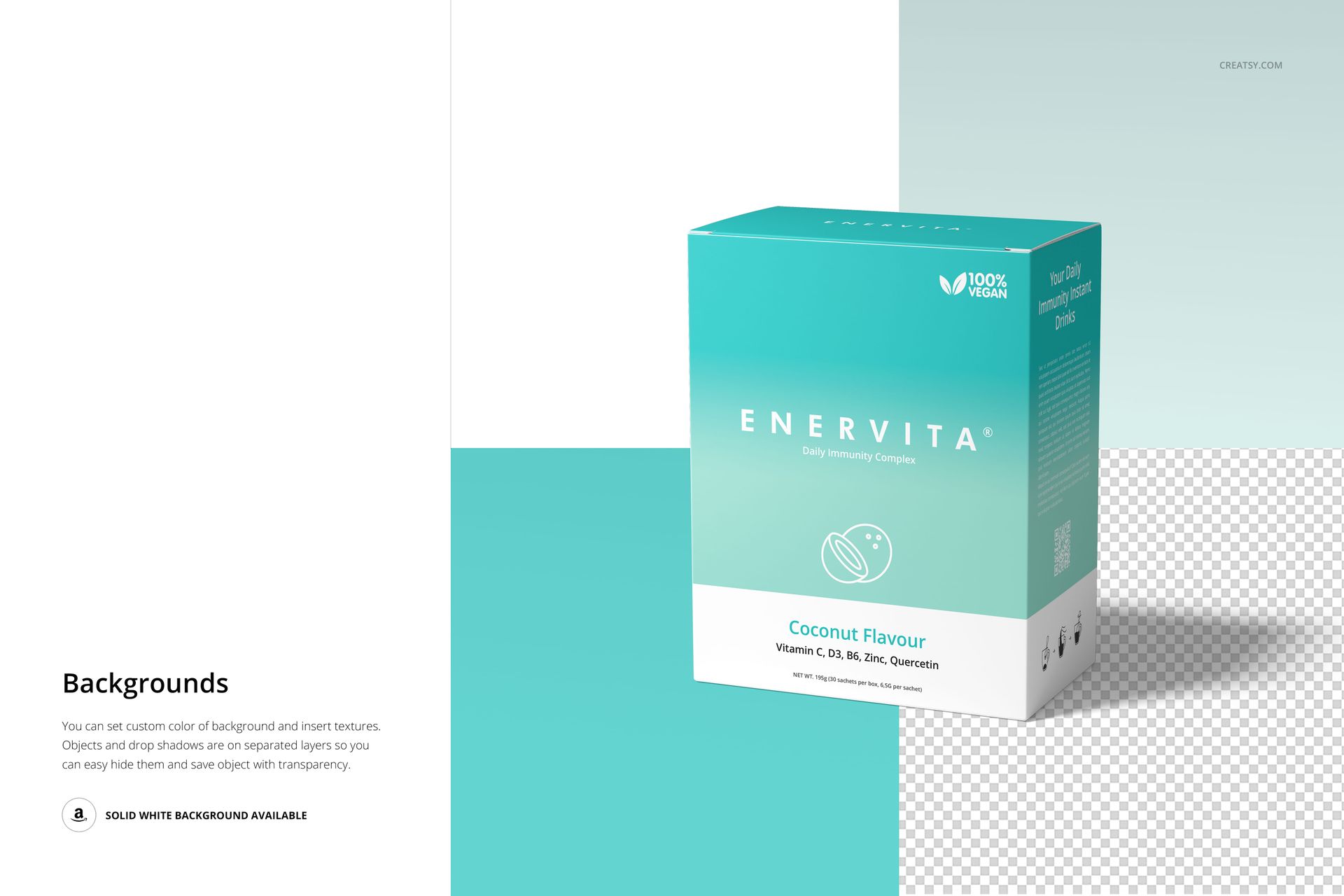 Front view of a rectangular box packaging mockup with sachets, featuring teal and white colors on a split background.