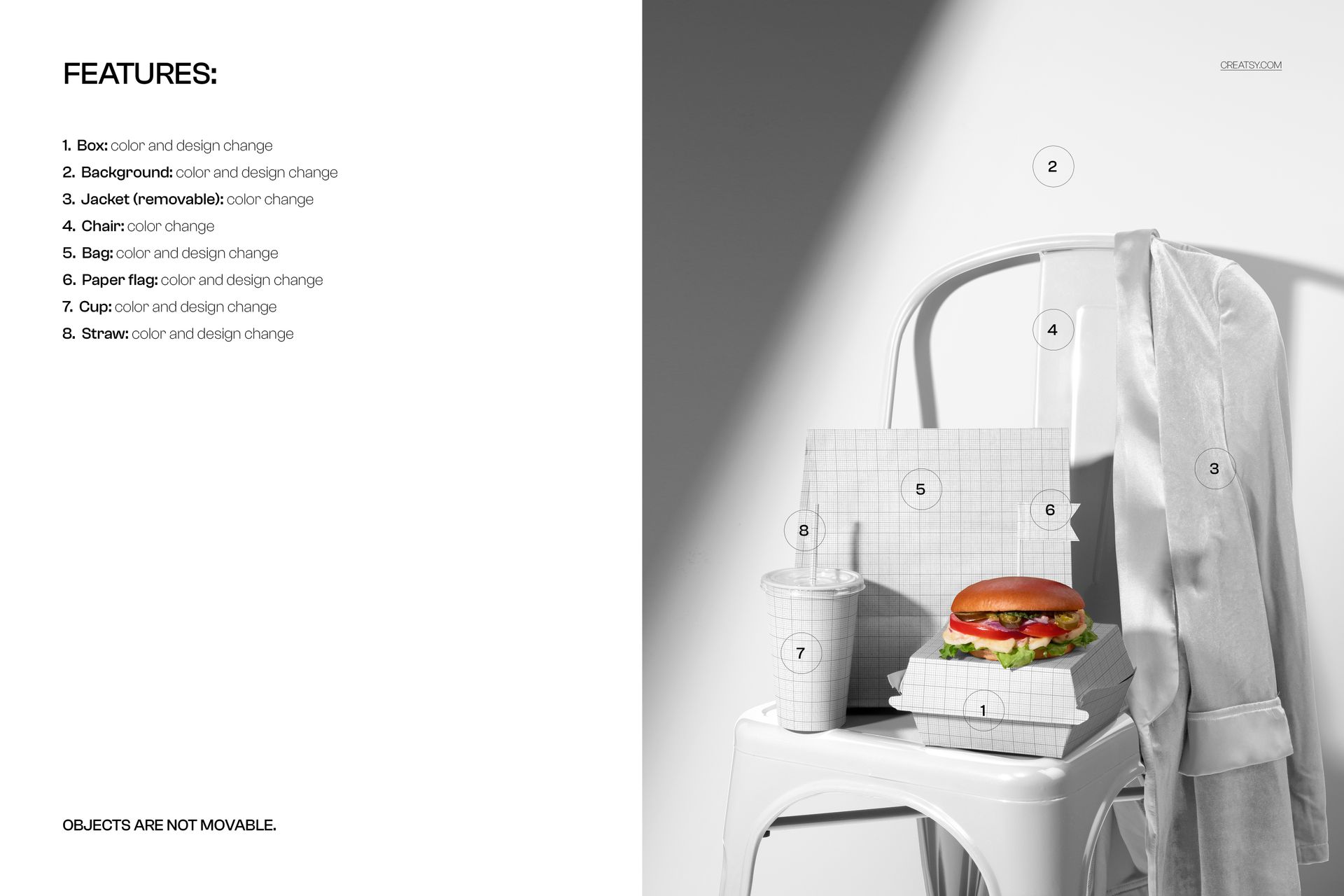 Fast food packaging mockup on a white metal chair with a burger, drink cup, straw, and paper bag in bright lighting.