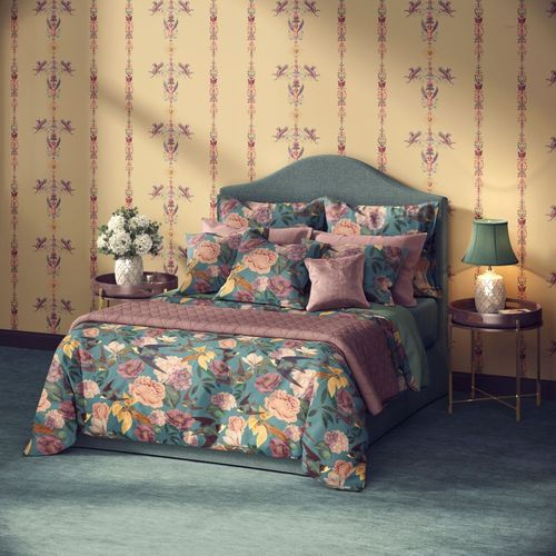 Colonial style bedroom mockup featuring a tufted headboard, floral bedding, velvet pillows, and vintage wallpaper.