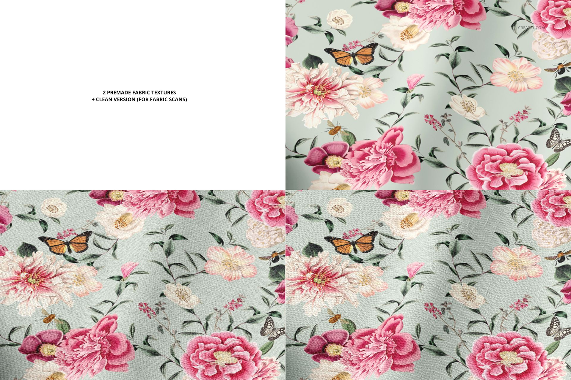 Folded fabric mockup showing three sections, two with floral and butterfly patterns on light backgrounds, one blank.