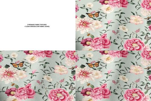 Folded fabric mockup showing three sections, two with floral and butterfly patterns on light backgrounds, one blank.