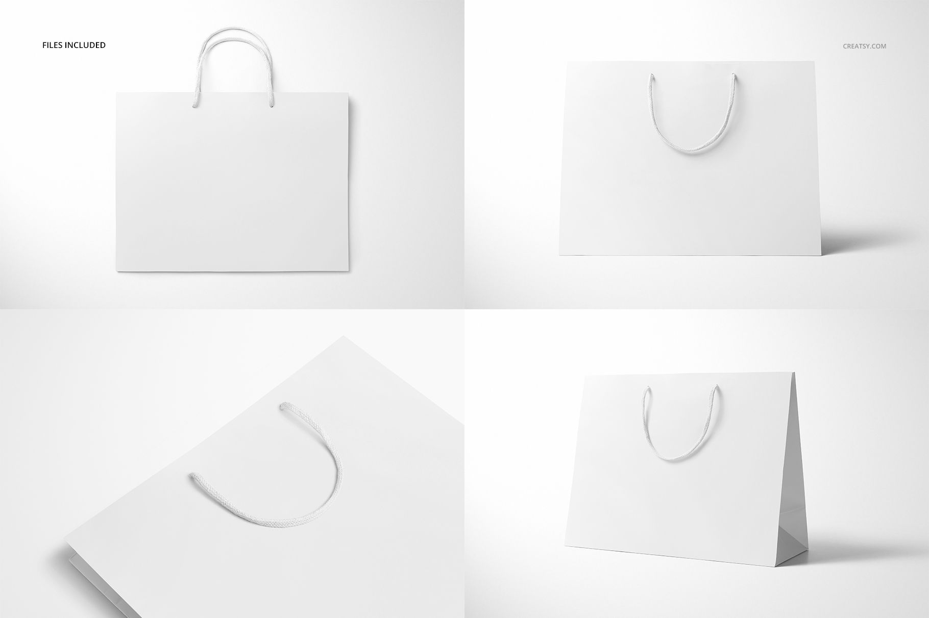 Eurotote bag mockup set featuring a white rectangular paper bag with rope handles shown from multiple angles.