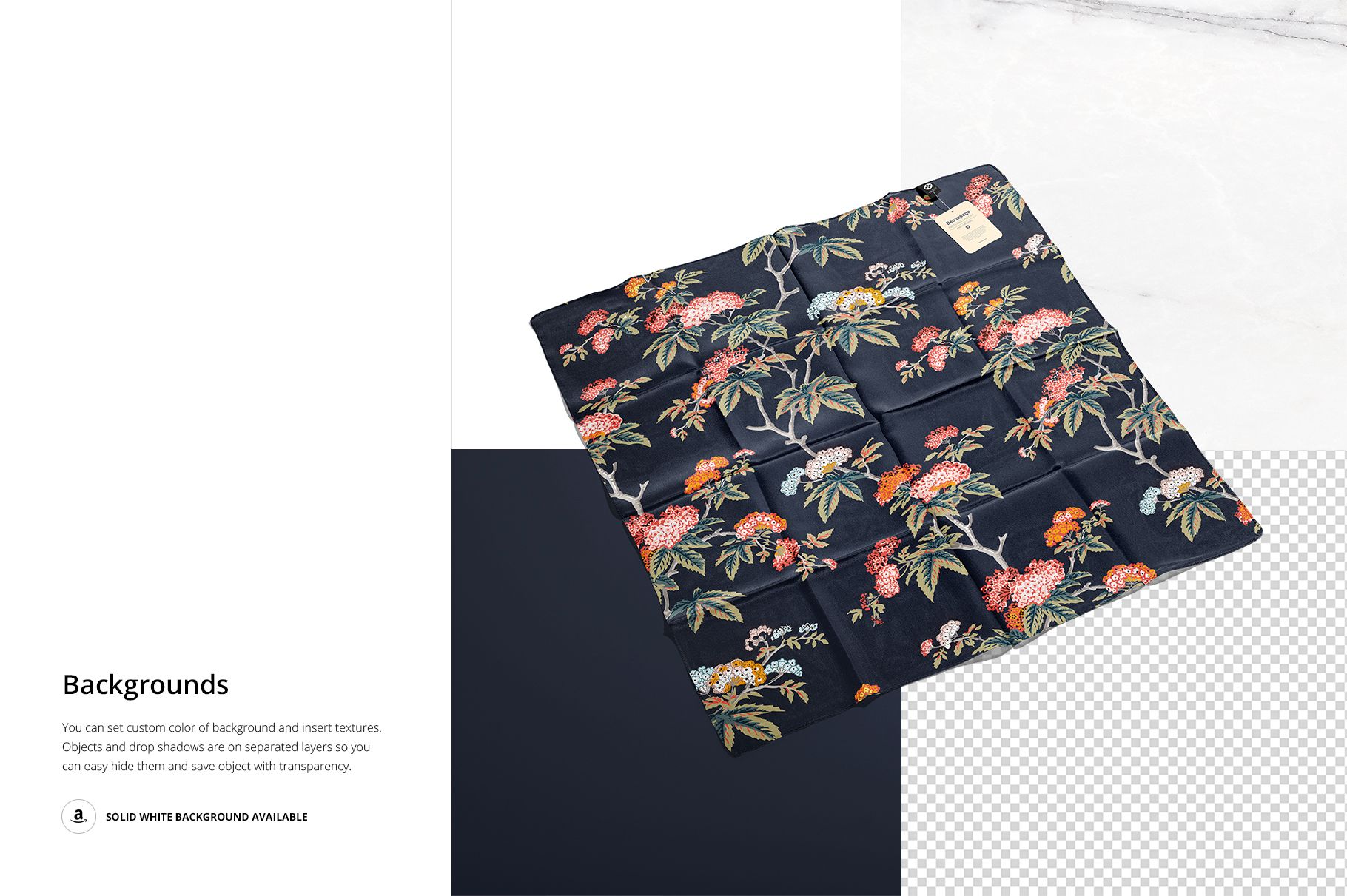 Floral silk scarf mockup shown flat with a dark background and colorful flowers, viewed from above on a white surface.