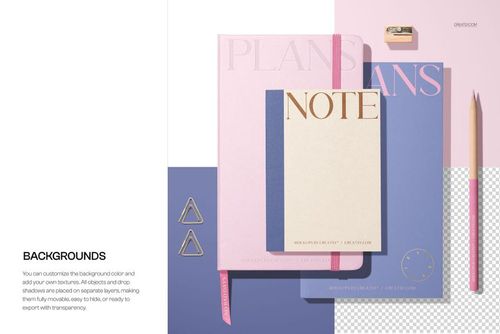 Stationery PSD mockup featuring a leather calendar, notebooks, pencil, clips, and sharpener on a soft background.