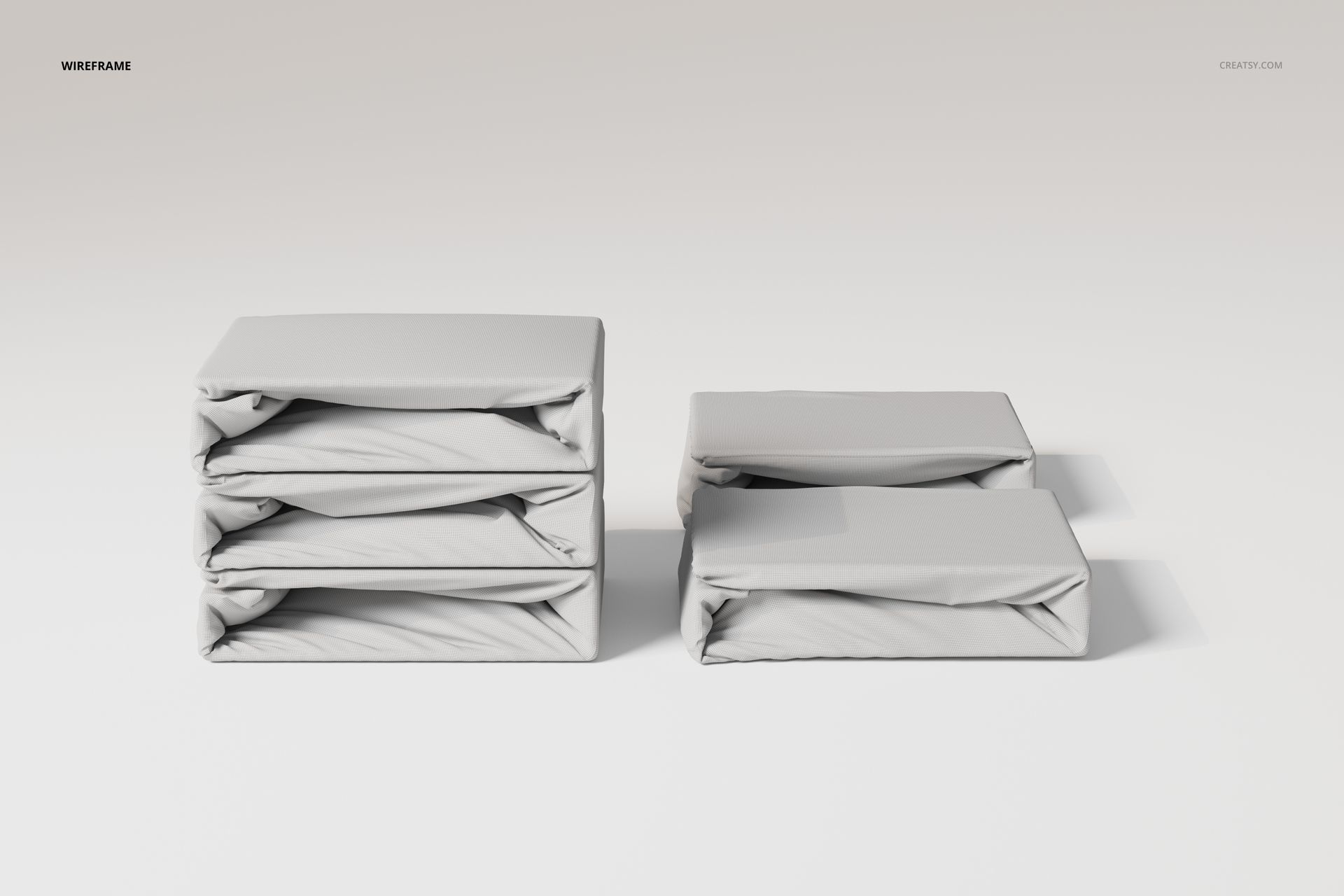 Stacked and folded fitted bedsheet set in light gray fabric shown on a plain background, front view.