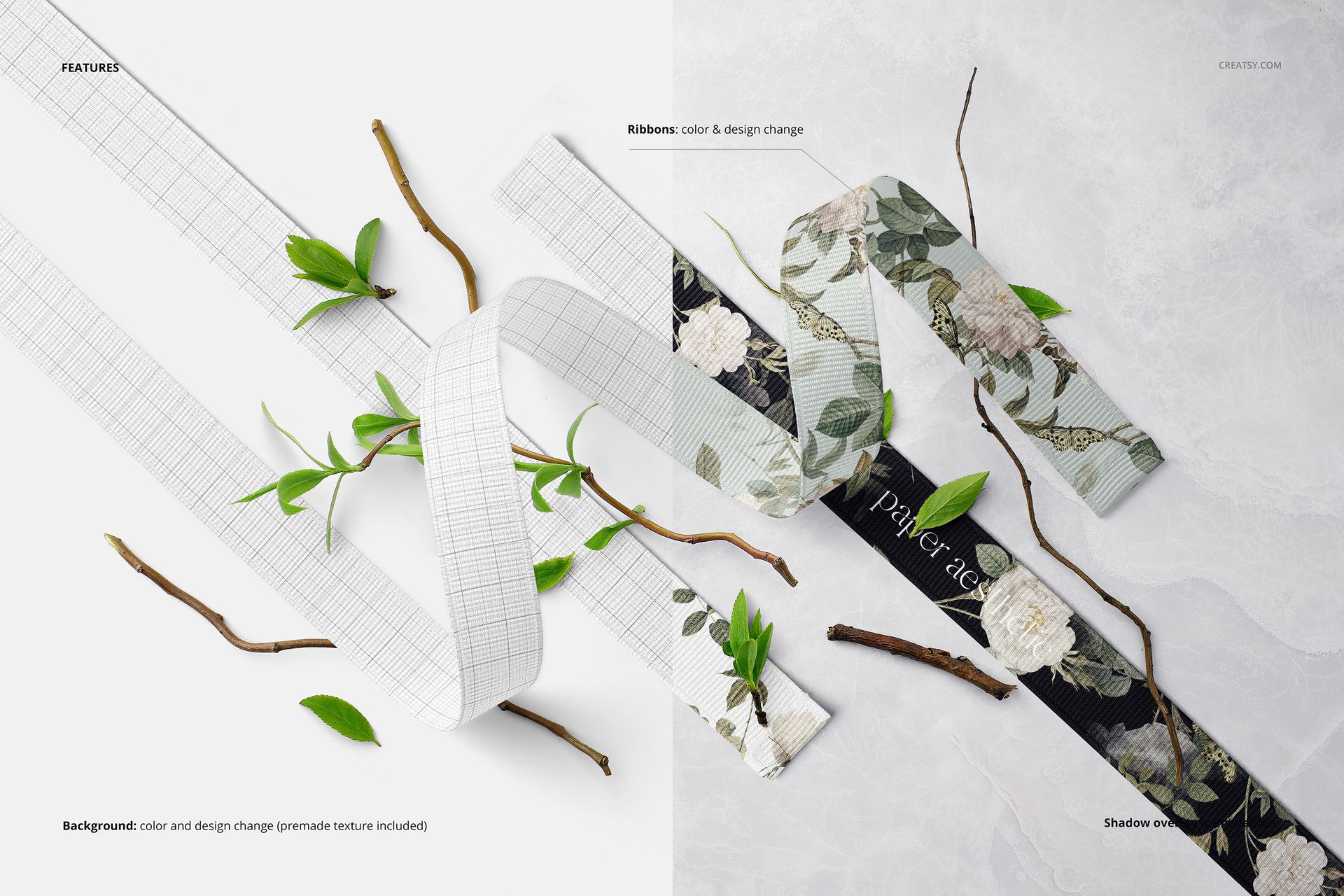 PSD mockup showing assorted grosgrain ribbons with floral and grid motifs, styled alongside leaves and twigs on a light surface.