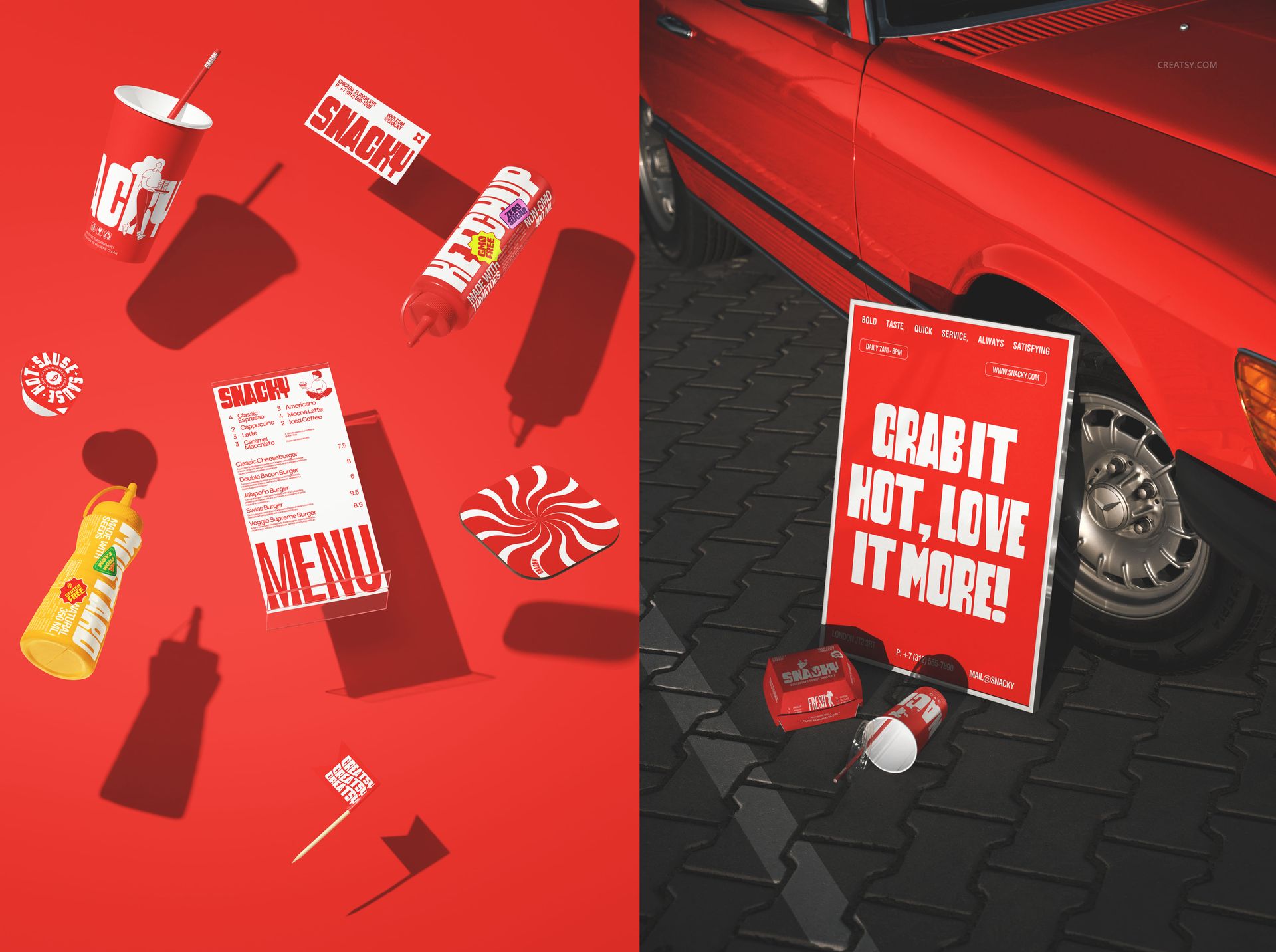 Fast food restaurant branding mockup with burger menu, paper cup, sauce bottles, coasters, and signage on red background.