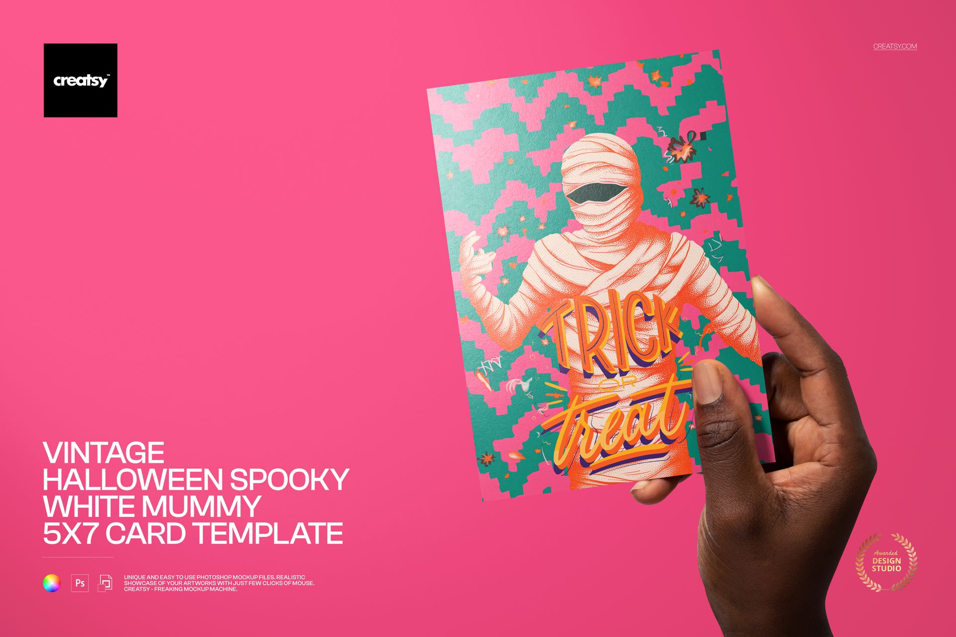 Front view of a Halloween card mockup showing a creepy mummy design and vibrant pink and green geometric backdrop.