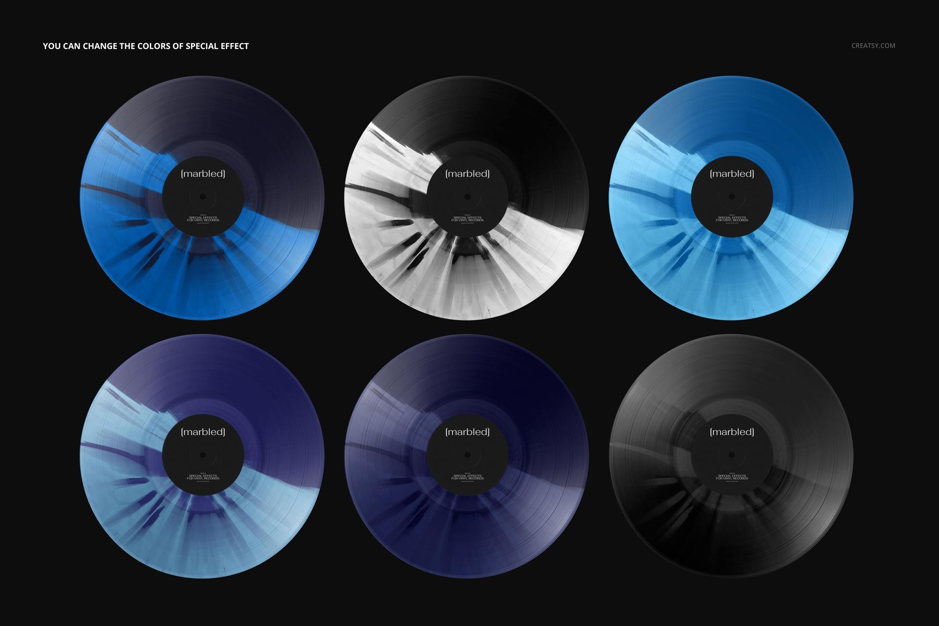 PSD mockup featuring six vinyl records arranged in two rows, each with unique marbled color effects and central labels.
