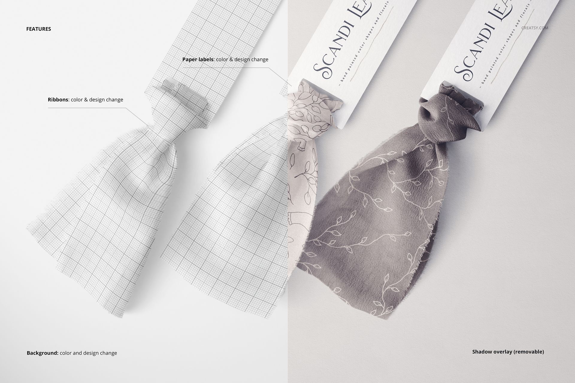 Silk ribbon mockup featuring two ribbons with different patterns and paper labels, shown from above on a light background.