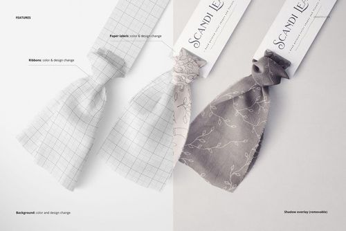 Silk ribbon mockup featuring two ribbons with different patterns and paper labels, shown from above on a light background.