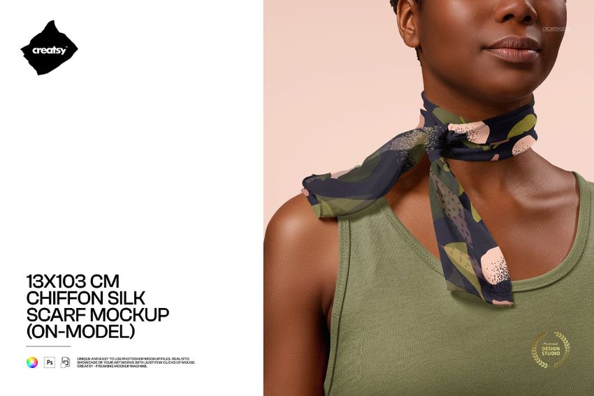 Free 13x103 cm Chiffon Silk Neck Scarf On-Model PSD Mockup - mockup screenshot 1