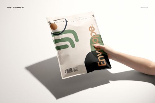 Front view of a kraft bubble mailer mockup featuring a colorful graphic design, held by a person's hand.