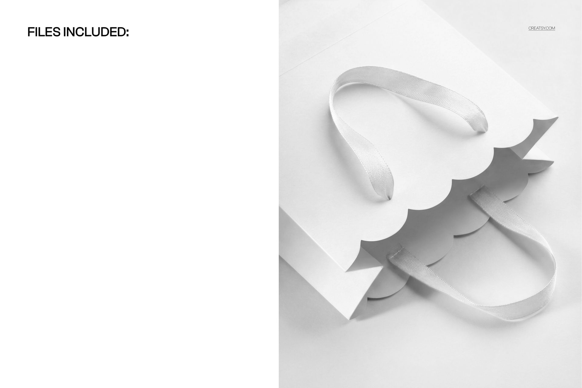 Scalloped edge gift paper bag in white, shown from a top angle with ribbon handles, PSD mockup scene.