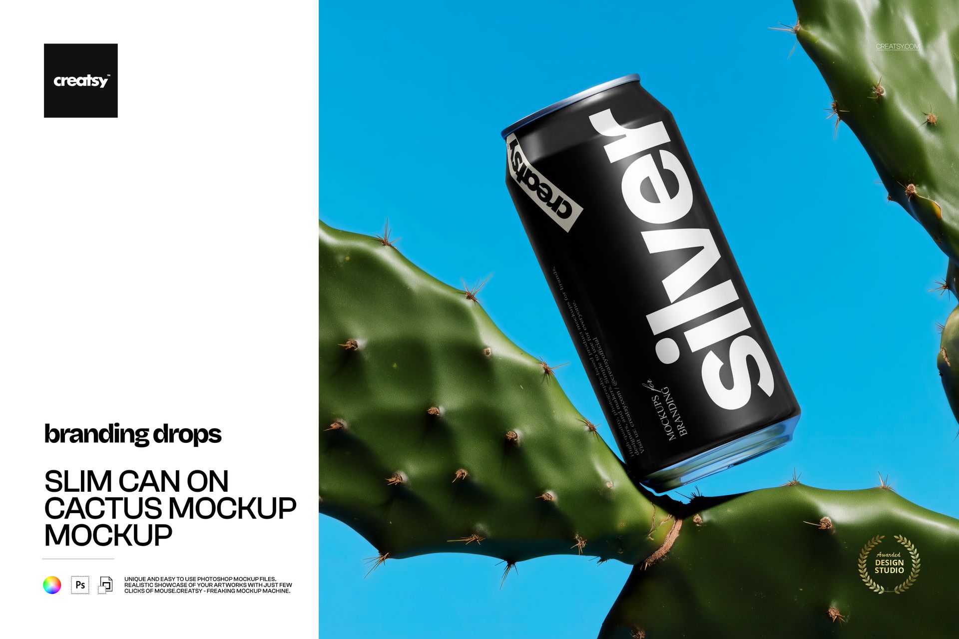 Slim can with a black and silver design resting on a green cactus, shown from a front perspective in a mockup scene.