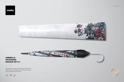 PSD mockup of a fashion accessory set with a folded umbrella and printed packaging, both decorated with vivid flower motifs.