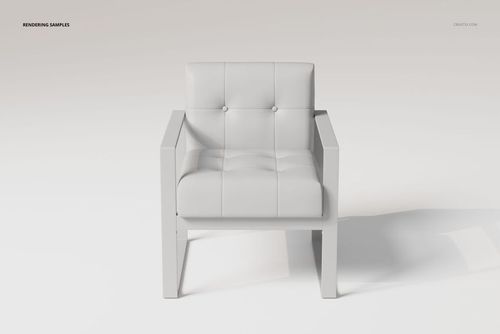 Front view of a modern armchair with square tufted cushions and straight armrests in a light neutral color.