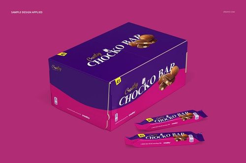 PSD mockup showing a rectangular chocolate bar box and two bars in purple wrappers, set against a pink surface.