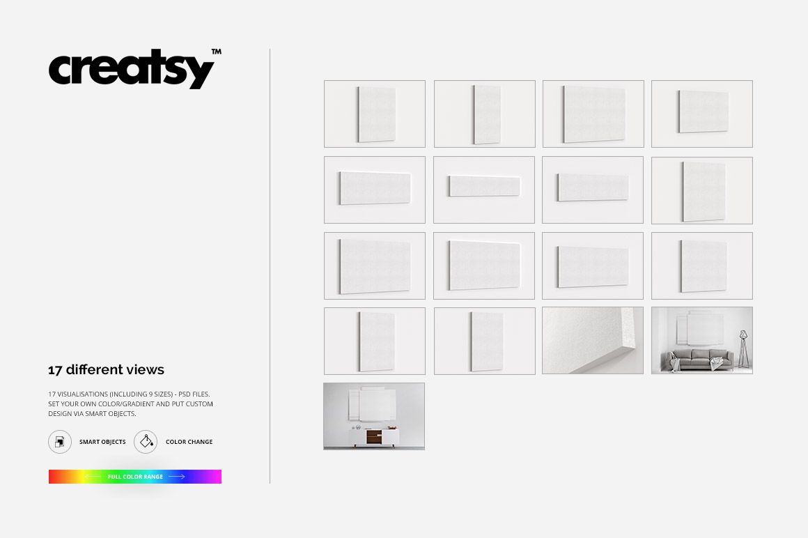 Canvas print mockup set showing fifteen perspective studio views and two room scenes with blank canvases.